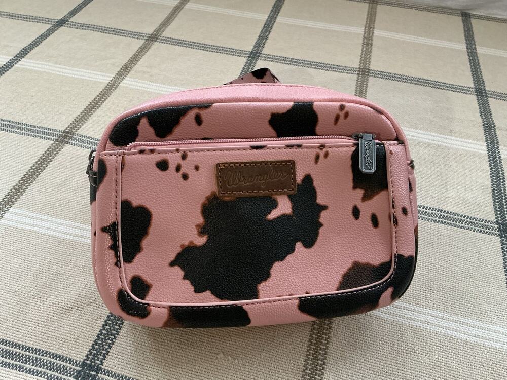Wrangler pink and black cow print belt bag